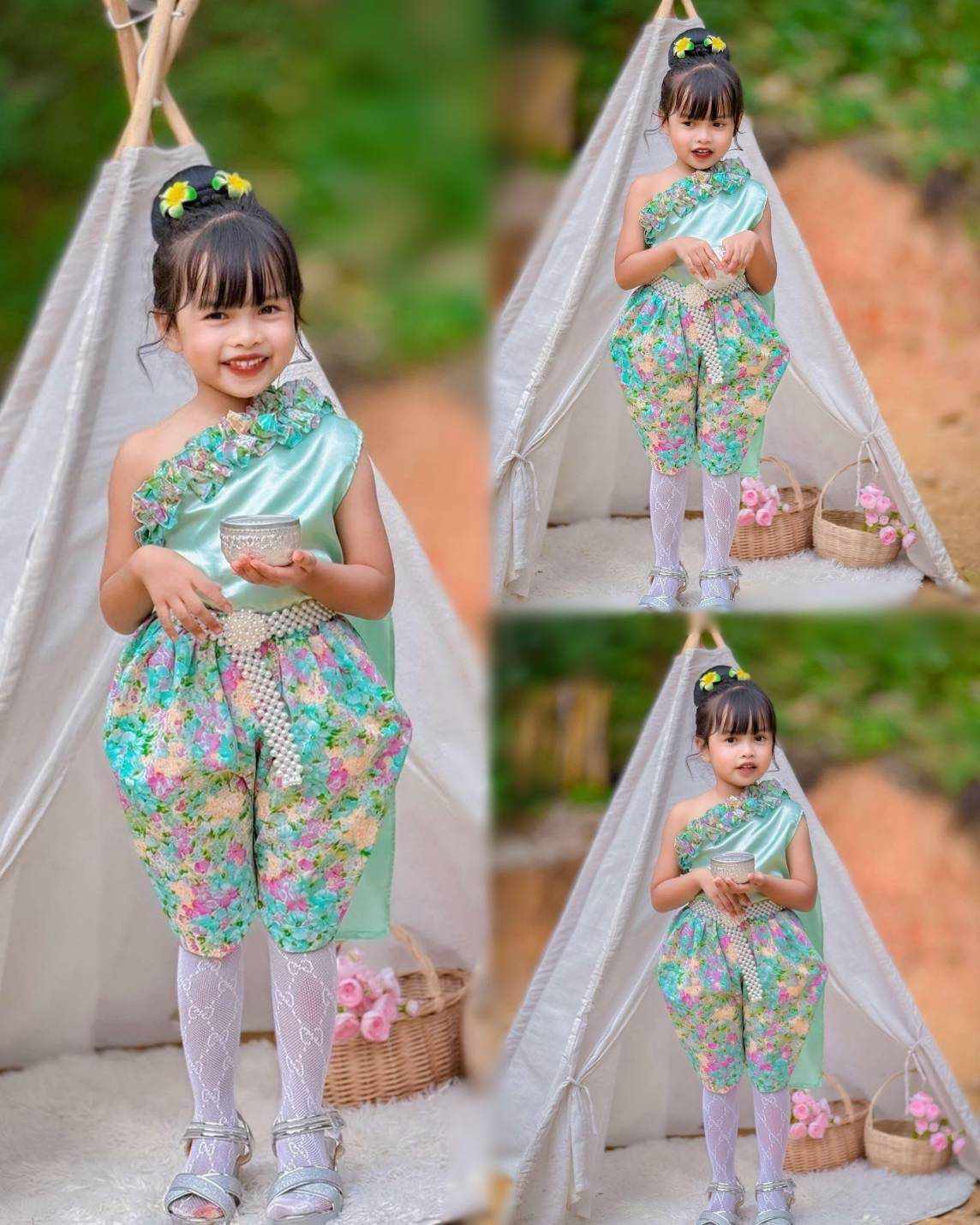 ชุดไทยเด็กลายดอกสีหวาน ชุดไทยเด็กสงกรานต์ ลอยกระทง ชุดไทยเด็กไปวัดทำบุญ
