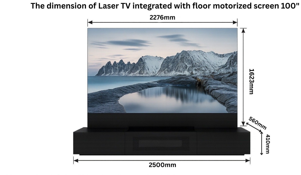 Envisions Motorized Laser TV Cabinet for 100” เป็นตู้ทีวีมอเตอร์ไฟฟ้า ดีไซน์หรู สำหรับ Laser TV ขนาด 100 นิ้ว มาพร้อมระบบเปิด-ปิดอัตโนมัติ เก็บและปกป้องจออย่างปลอดภัย เหมาะสำหรับบ้านและโฮมเธียเตอร์