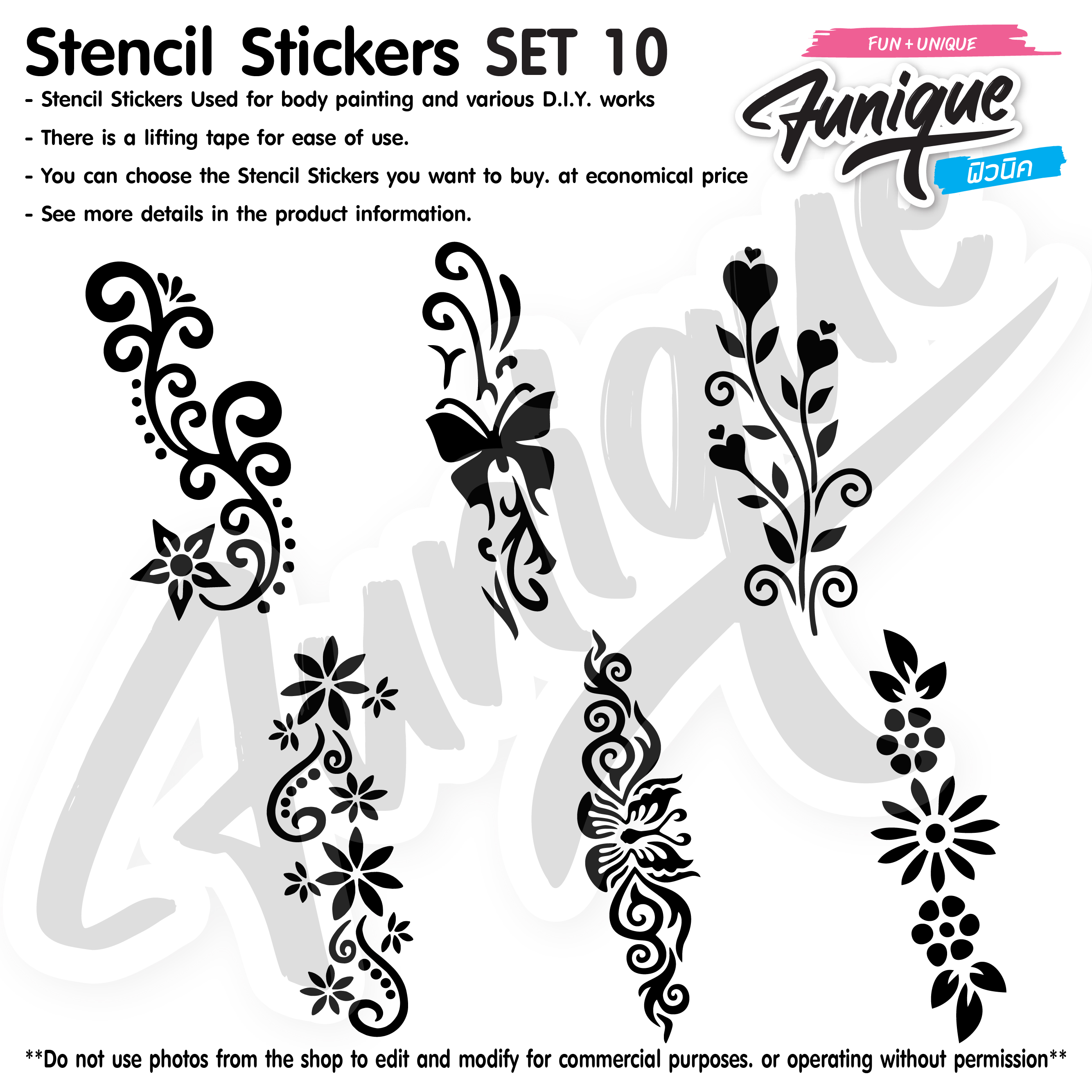 SET 10 Stencil บล็อกสติกเกอร์ รอยสักกากเพชร เพ้นท์กากเพชร กลิตเตอร์ Funique สติ๊กเกอร์ แบบลาย DIY งานประดิษฐ์