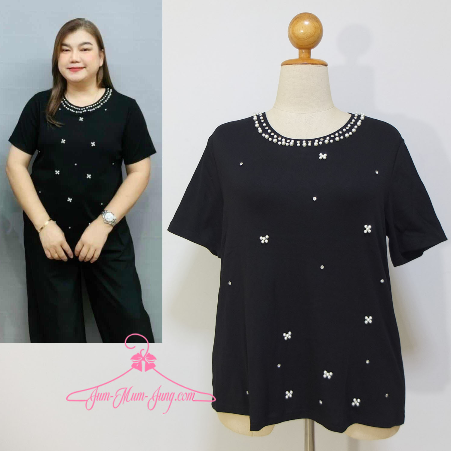 *อก48-50นิ้ว*เสื้อคนอ้วนผ้ายืดยูนิโคล่สีดำตอกมุกกับเพชรช่วงคอ เนื้อผ้ายืดได้เยอะ สวยวิบวับน่ารักมากๆค่ะ