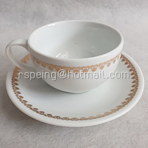 ชุดแก้วชากาแฟ และจานรองแก้ว Noritake ลายแถบทองโลโก้การบินไทย