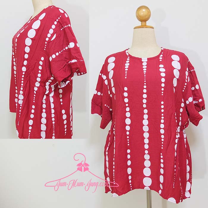 *อกOversize52-56นิ้ว*เสื้อOversizeคนอ้วนหน้าสั้นหลังยาวผ้าลินินสลาฟสีแดงลายทางวงกลม สม๊อกยางยืดเอวด้านข้าง สวยเก๋น่ารักมากๆค่ะ