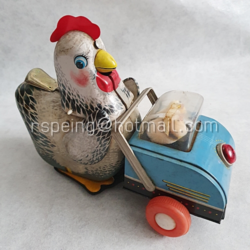 ของเล่นสังกะสีวินเทจ ยุค 60 แม่ไก่เข็นลูกไก่ออกไข่ (สภาพโชว์)