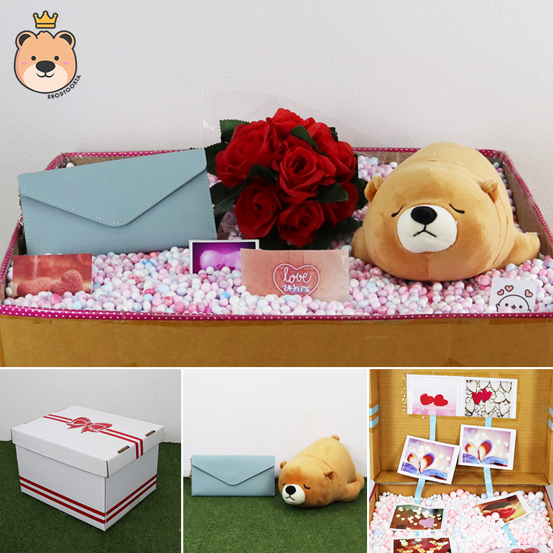 เซ็ตเซอร์ไพรส์ เม็ดโฟม {ของขวัญวาเลนไทน์,ของขวัญให้แฟน } ตุ๊กตา หมีนอน สีชา+ นุ่มนิ่ม Size 13 นิ้ว + เลือกแบบกระเป๋าได้ +ตกแต่ง+โฟม+ดอกไม้+กล่องของขวัญเปิดฝา