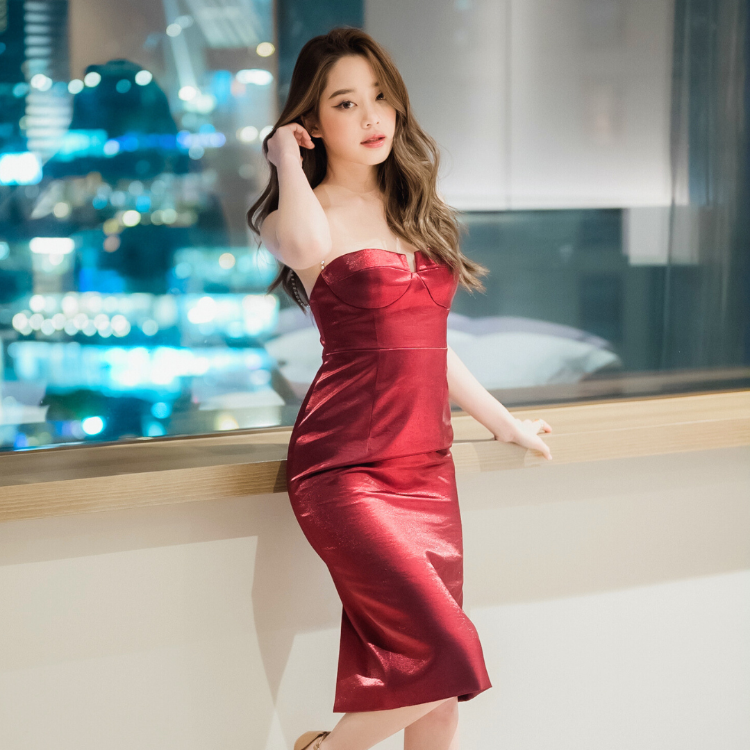 Lism D-075 Chain Elegance Midi Dress ชุดเดรสซาติน