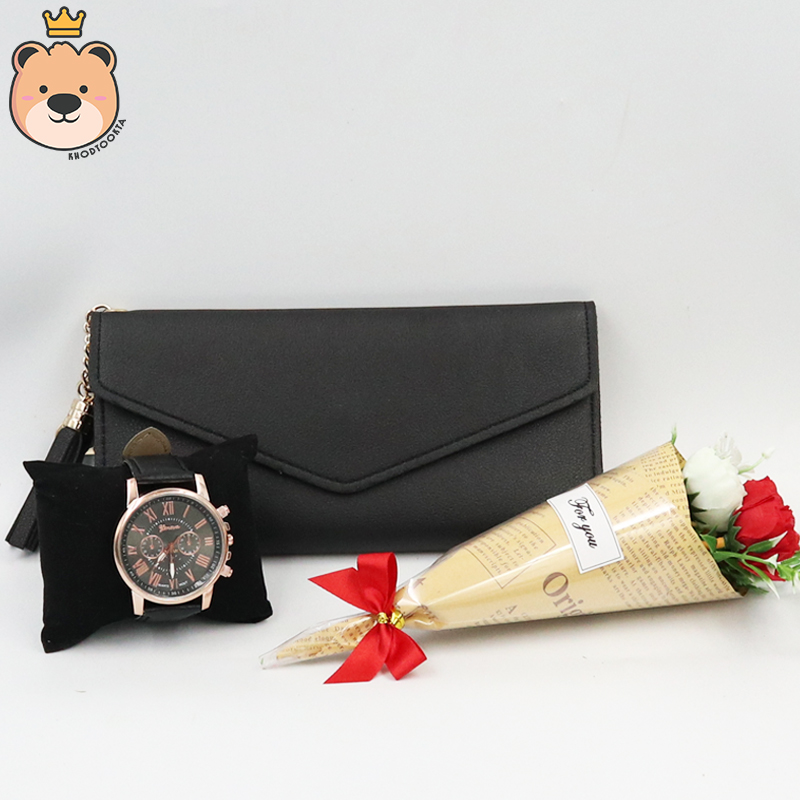 เซ็ตเซอร์ไพรส์แฟนสาว (กระเป๋าสตางค์ + ช่อดอกไม้ + นาฬิกา) พร้อม เม็ดโฟมสีเทา กล่องของขวัญ เปิดฝาสีเงินสุดหรู (ส่งด่วน)