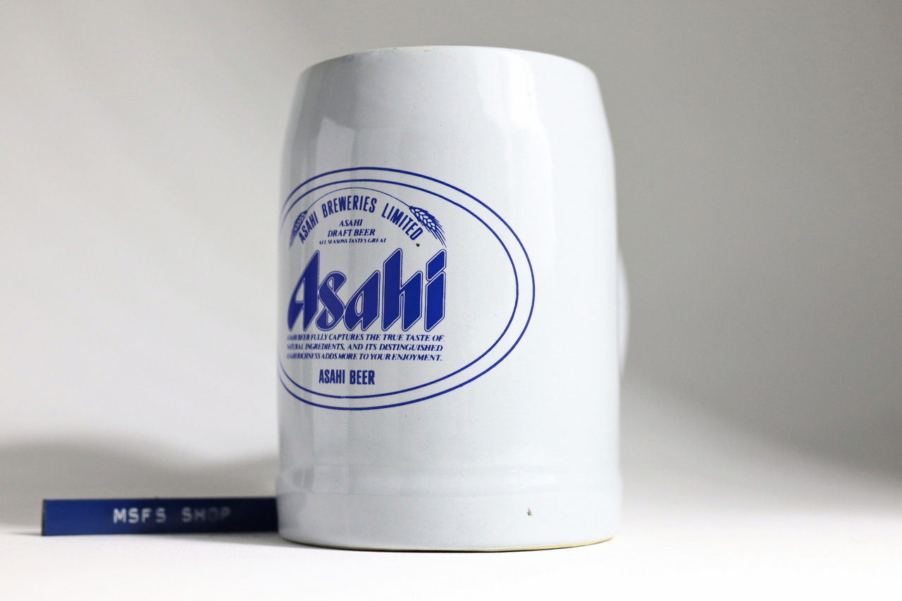 [Vintage] Asahi แก้วมักเบียร์เซรามิก สีเทา โลโก้แบรนด์สีน้ำเงิน ขนาดกลาง