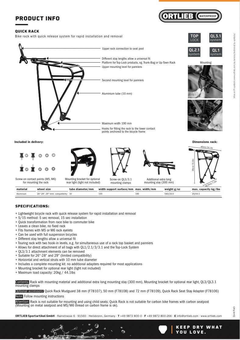 Ortlieb Quick - Rack ตะแกรงปลดเร็ว