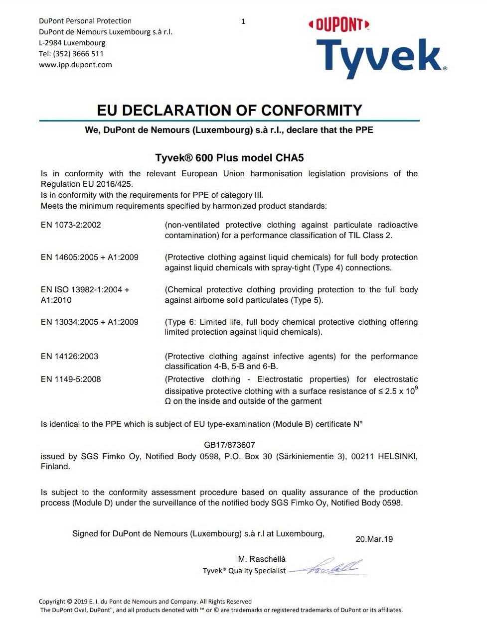 DuPont ชุดกันฝุ่นและสารเคมี รุ่น Tyvek 600 Plus Coverall