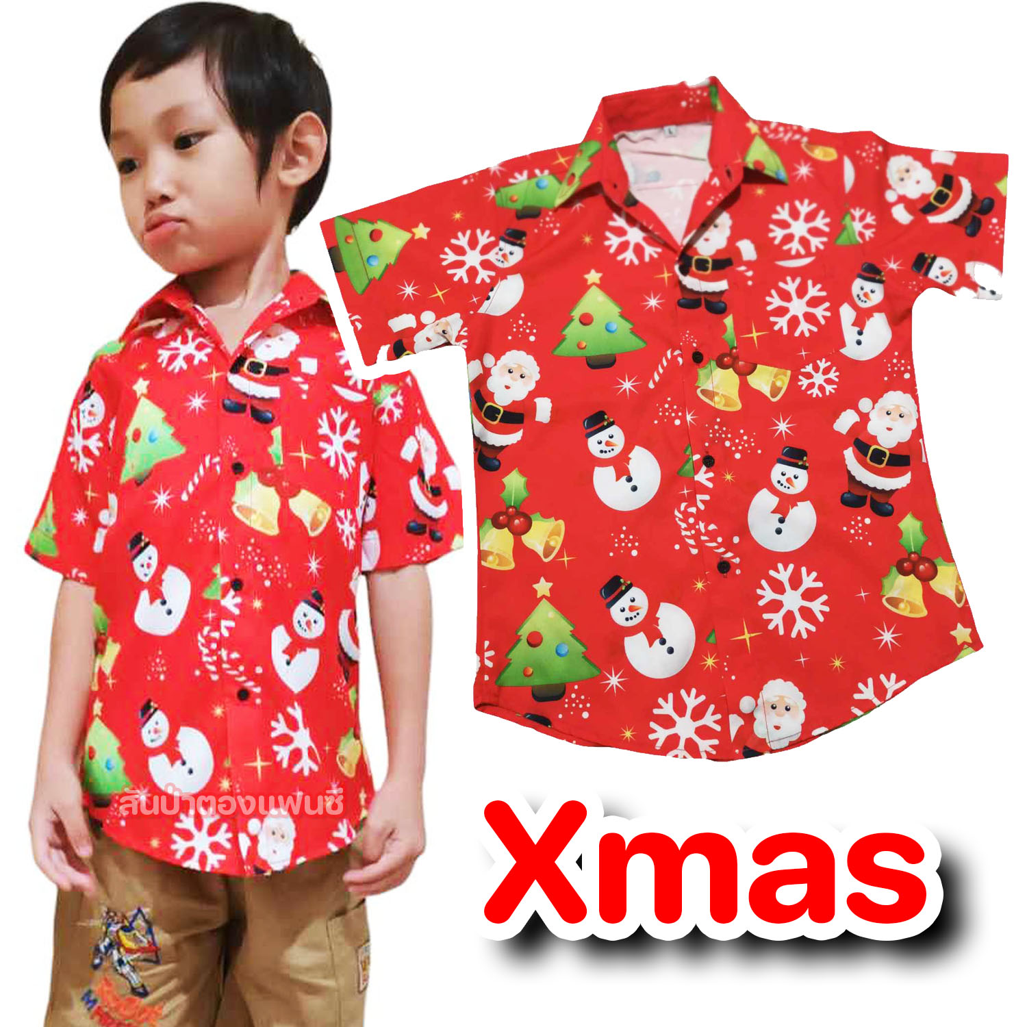 เสื้อคริสมาสต์เด็ก เสื้อเชิ้ตคริสมาสต์เด็ก เสื้อเชิ้ตสีแดงลายซานต้า