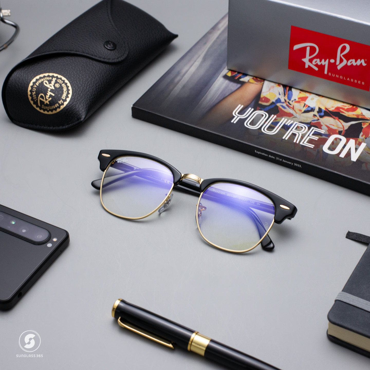 Ray Ban Clubmaster RB3016 901/BF Shiny Black Clear Blue