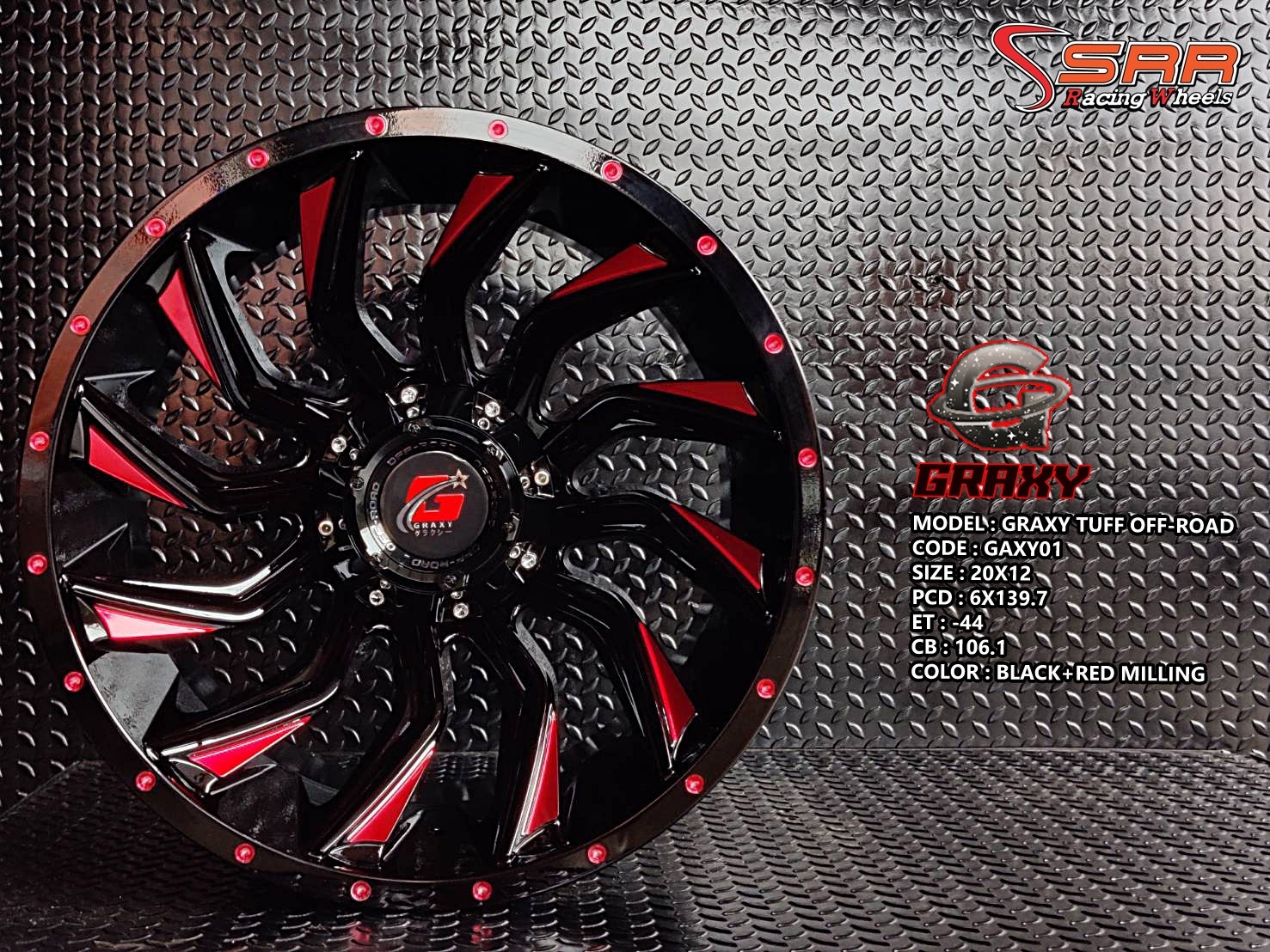 GRAXY TUFF 20X12 6X139.7 ET -44 BLACK-RED MILLING (ดำเงากลึงแดง)