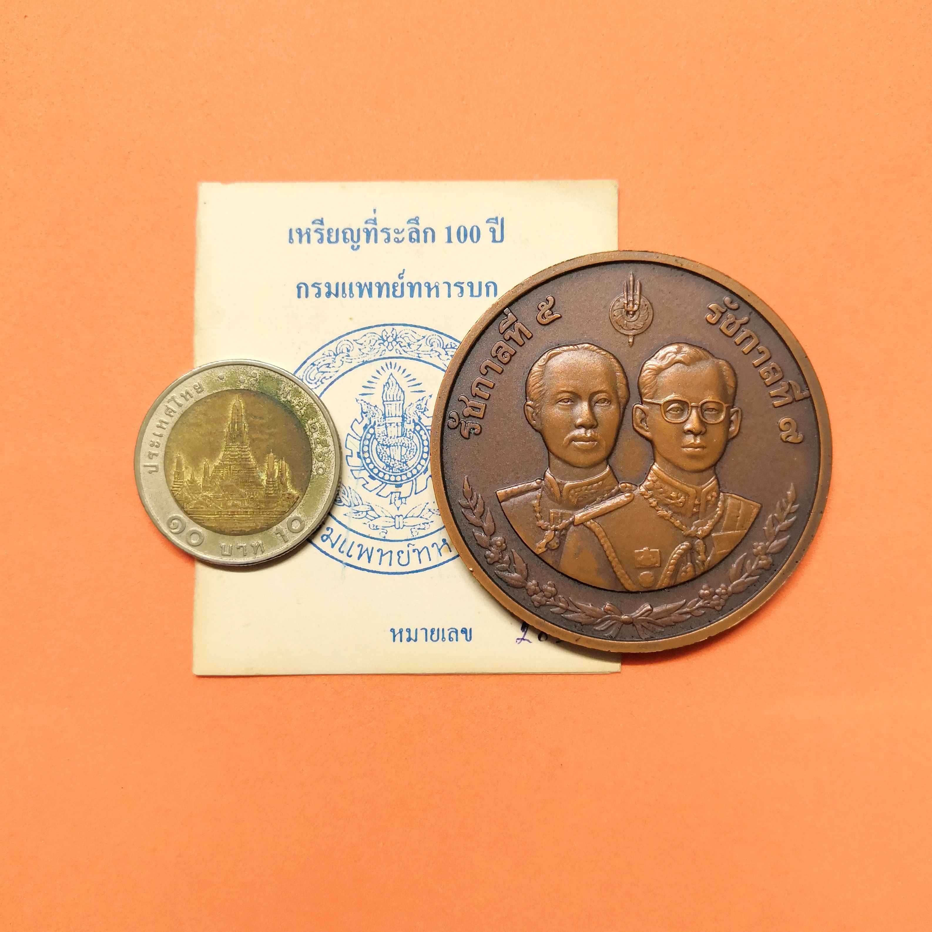 เหรียญขนาด 5 เซน รัชกาลที่ 5 - รัชกาลที่ 9 ที่ระลึก 100 ปี กรมแพทย์ทหารบก พศ 2543 เนื้อทองแดงรมดำ บล็อกกษาปณ์ ผลิตเพียง 500 เหรียญ พร้อมกล่องและใบรับรอง