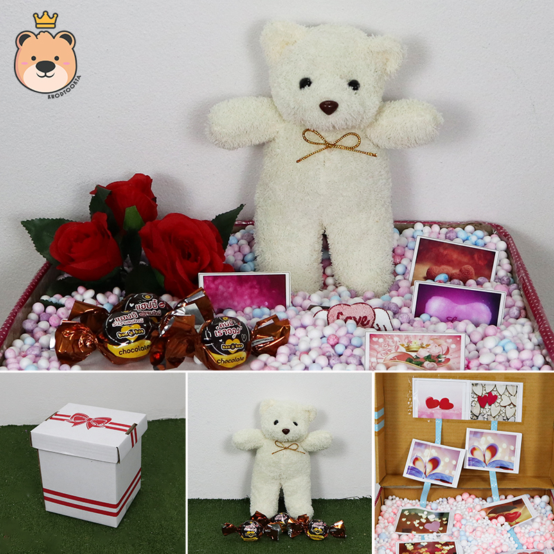 ของขวัญ เซ็ตเซอรไพรส์แฟน ของขวัญปัจฉิม/วันเกิด ตุ๊กตาหมียืน 10 นิ้ว มีสีให้เลือก / ช็อกโกแลต/ อัดเม็ดโฟมคละสี / ของขวัญเปิดฝา ขนาด15x16x17cm