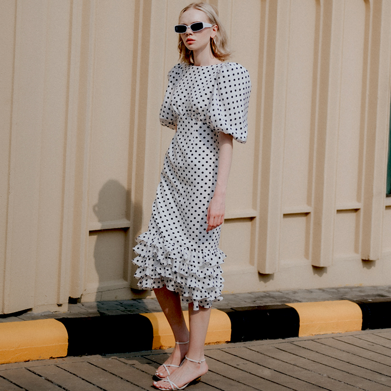 Lism D-065 Elegant Polka Dot Ruffle Midi Dress ชุดเดรสลายจุด