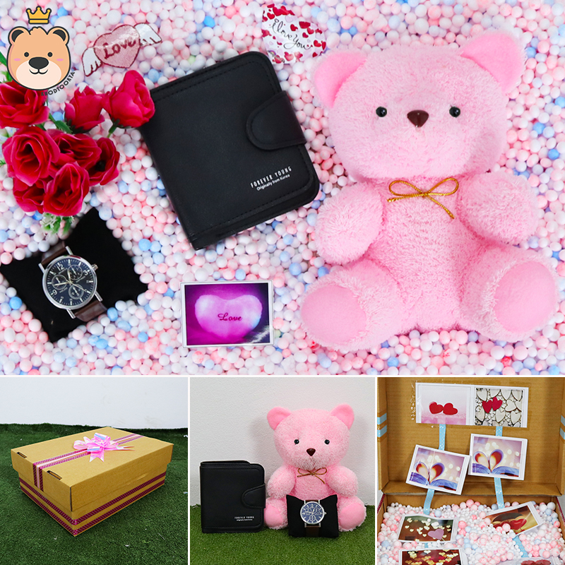 ของขวัญให้แฟนสาว ของขวัญผู้หญิง เม็ดโฟมเต็มกล่อง ของขวัญเซอร์ไพรส์ (กระเป๋าตังสีดำ+นาฬิกา+ตุ๊กตาหมีนั่งสีชมพู) เซ็ตเซอร์ไพรส์ กล่องเปิดฝา