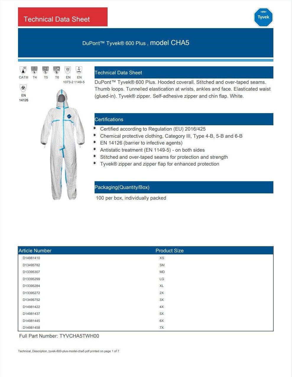 DuPont ชุดกันฝุ่นและสารเคมี รุ่น Tyvek 600 Plus Coverall