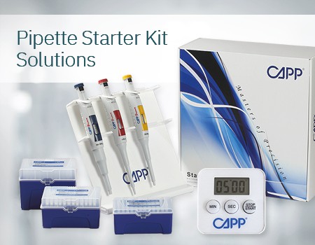 ชุดปิเปตอัตโนมัติ "Starter Kit" (ปิเปต 3 เครื่อง, ทิป 3 กล่อง, Standวางปิเปต 1 ชุด,นาฬิกาจับเวลา 1 เครื่อง) CAPP Bravo Mechanical Pipette