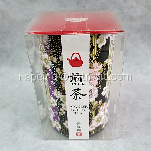 กระป๋องใส่ใบชา (พร้อมกล่องพลาสติกใส) Japanese Green Tea ลายญี่ปุ่นสีม่วงดำ