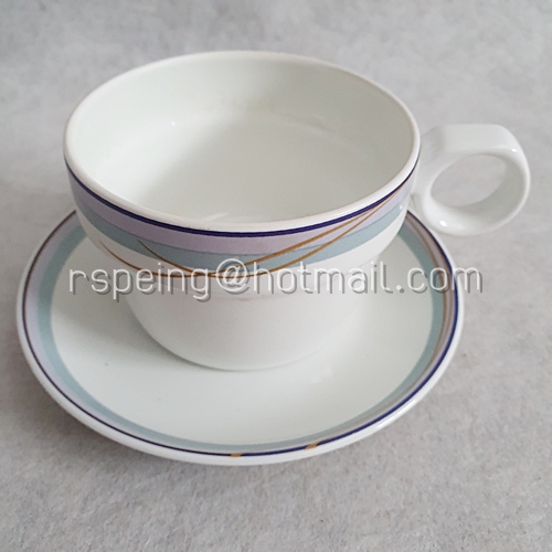ชุดแก้วชากาแฟ และจานรองแก้ว Noritake ลายเส้นดำและแถบเทา-ฟ้า สายการบินญี่ป่น (JAL)