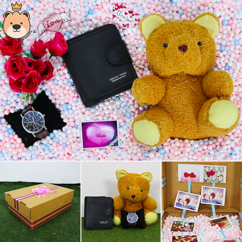 ของขวัญให้แฟนสาว ของขวัญผู้หญิง (กระเป๋าตังสีดำ+นาฬิกา+ตุ๊กตาหมีนั่งสีน้ำตาล) เม็ดโฟมเต็มกล่องของขวัญเซอร์ไพรส์ กล่องเปิดฝา