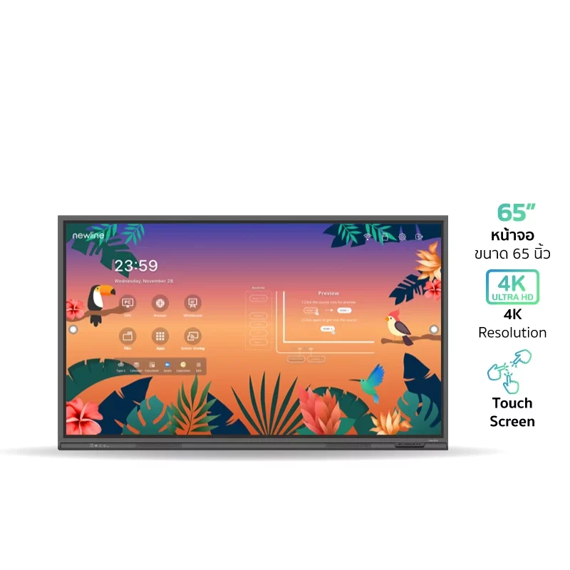 NEWLINE TT-6521Q จออินเตอร์แอคทีฟ 4K ทัชสกรีน 65 นิ้ว ความละเอียด 3840 x 2160 พิกเซล ความคมชัด 4000:1 รองรับระบบปฏิบัติการ Android ในตัว
