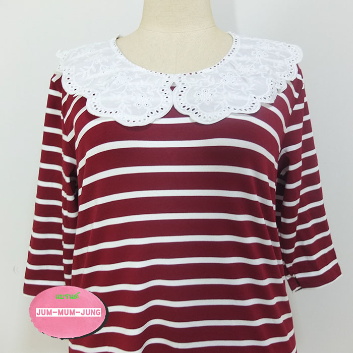 *อก46-50นิ้ว*เสื้อคนอ้วนแขน4ส่วนผ้ายืดcottonสเปนเด็กซ์ลายริ้วสีแดง-ขาวแต่งปกลูกไม้ลายฉลุ สวยหวานน่ารักมากๆค่ะ