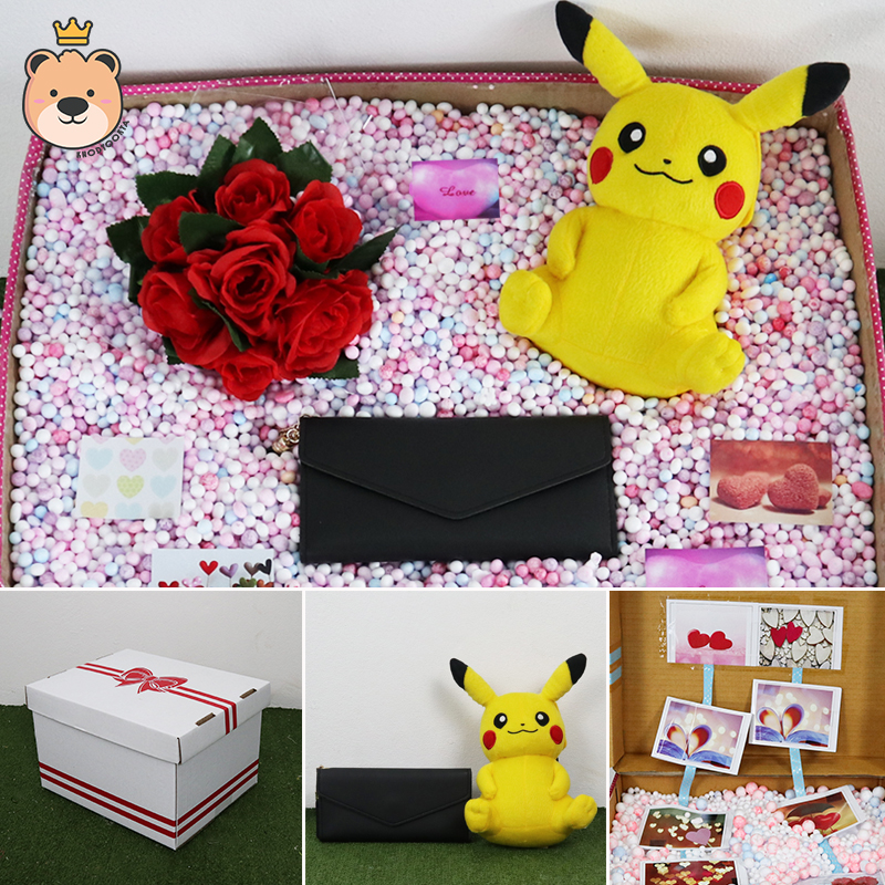 เซ็ตเซอร์ไพรส์ เม็ดโฟม {ของขวัญวาเลนไทน์,ของขวัญให้แฟน } ตุ๊กตา ปิกาจู 7 นิ้ว +เลือกแบบกระเป๋าได้ +ตกแต่ง+โฟม+ดอกไม้+กล่องของขวัญเปิดฝา