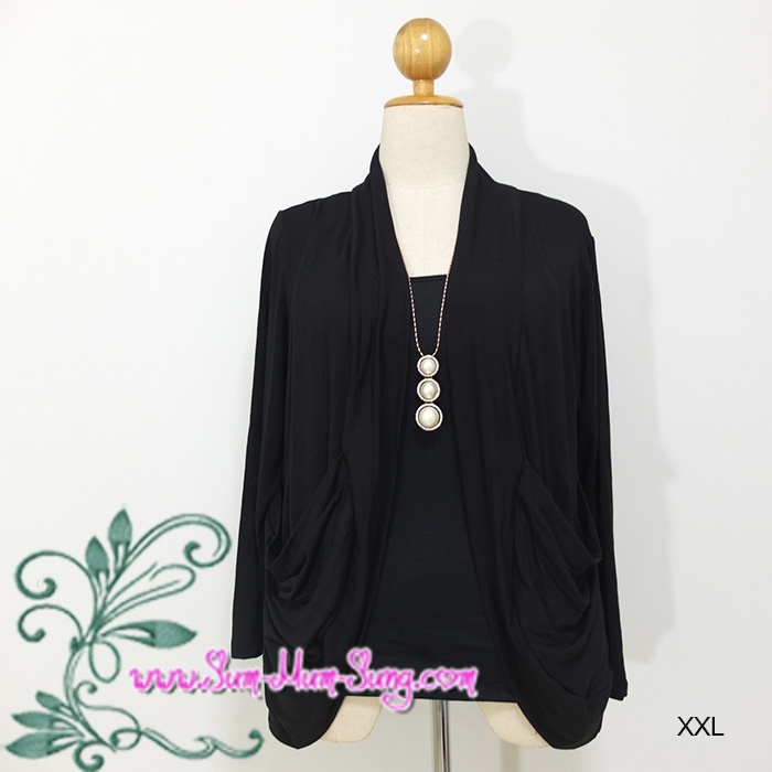 *ไซส์2XL อก46-52นิ้ว*เสื้อคลุมคนอ้วนผ้ายืดเรย่อนเนื้อดีสีดำแต่งกระเป๋าเย็บย่นทั้ง2ด้าน สวยเก๋น่ารักมากๆค่ะ