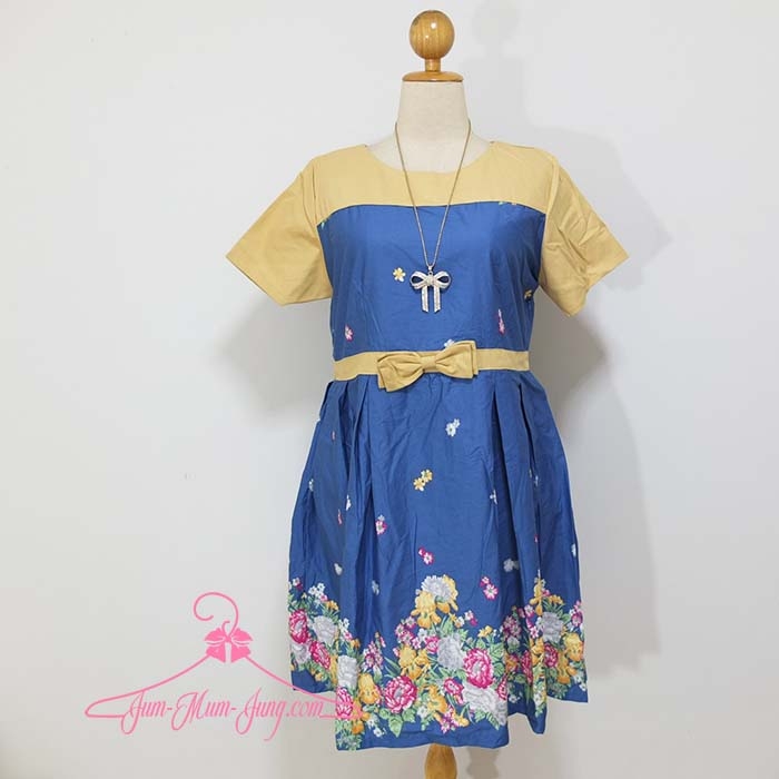 *อกฟรีไซส์42-44นิ้ว*ชุดเดรสคนอ้วนผ้าcottonสีฟ้าลายดอกไม้ชายกระโปรงตัดต่อผ้าแคนวาสสีพื้นช่วงบน คาดโบว์เอว มีซิปซ่อนด้านข้าง สวยหวานน่ารักมากๆค่ะ