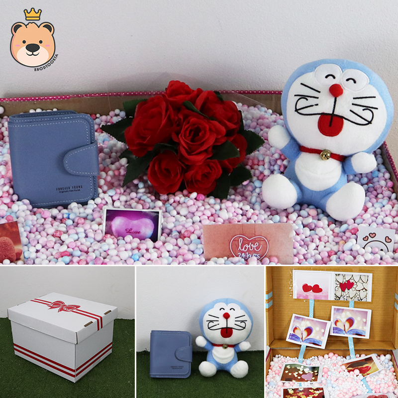 เซ็ตเซอร์ไพรส์ เม็ดโฟม {ของขวัญวาเลนไทน์,ของขวัญให้แฟน } ตุ๊กตาโดเรม่อน7 นิ้ว (แลบลิ้น ) +กระเป๋าเลือกแบบได้ +ตกแต่ง+โฟม+ดอกไม้+กล่องของขวัญเปิดฝา
