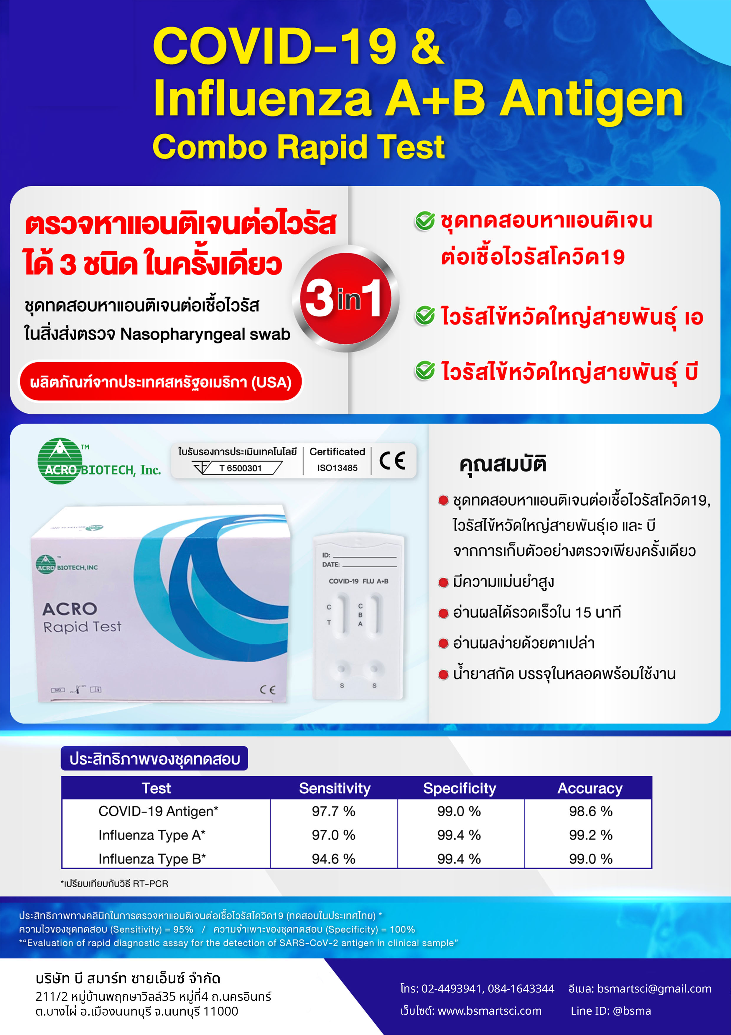 ชุดตรวจหาแอนติเจนของเชื้อไวรัสโคโรนา-2019 (COVID-19) และแอนติเจนของเชื้อไข้หวัด ใหญ่ ชนิดเอ และบี แบบตลับทดสอบ