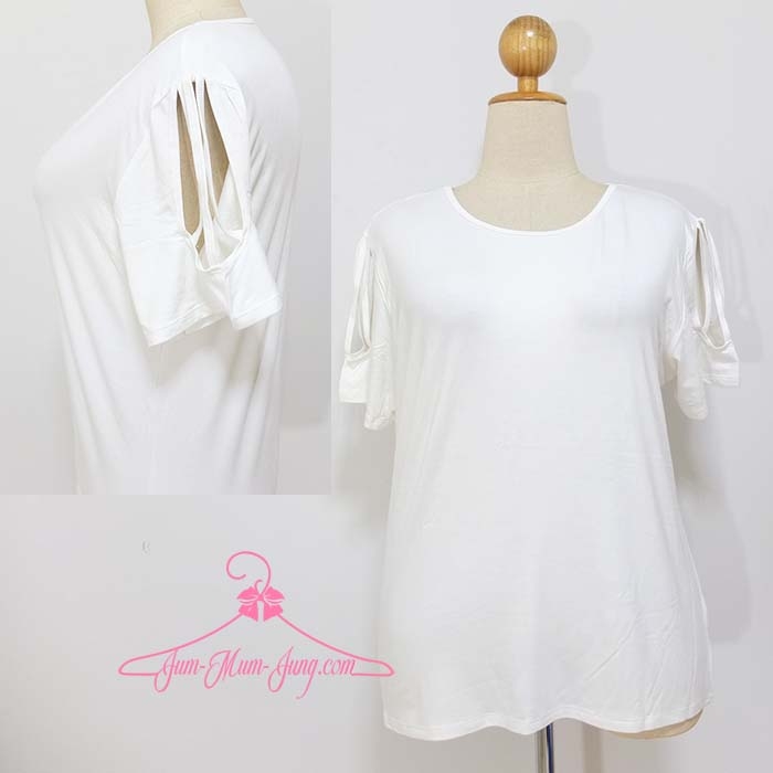 *อก46นิ้ว*เสื้อคนอ้วนผ้ายืดเรย่อนเนื้อเด้งสีขาวเจาะแขนแต่งสาย3เส้น สวยเซ็กซี่น่ารักมากๆค่ะ