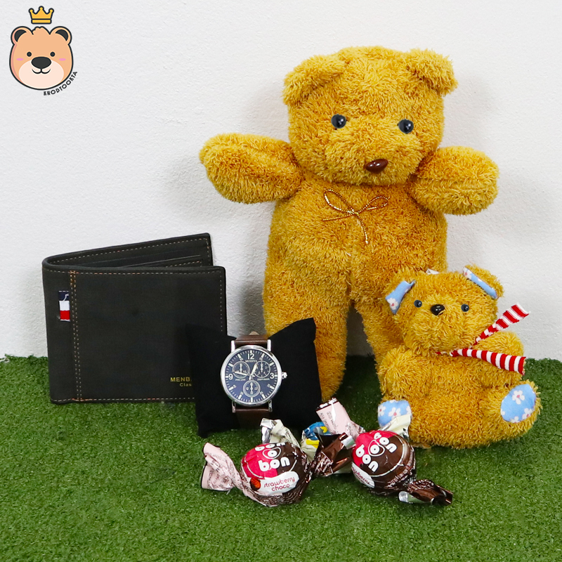 ของขวัญให้แฟนหนุ่ม ของขวัญผู้ชาย เซ็ตเซอร์ไพรส์อัดเม็ดโฟมเต็มกล่อง (กระเป๋าตัง+นาฬิกา+ตุ๊กตาหมียืนน้ำตาล+พวงกุญแจหมีน้ำตาล+ช็อคโกแลต) ****ได้ของตามแบบที่ลูกค้าเลือก****