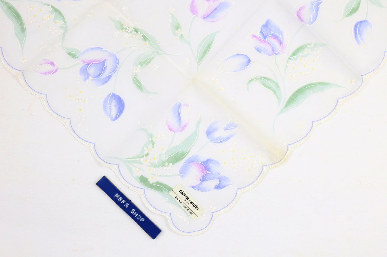 [Vintage] ผ้าเช็ดหน้า Pierre Cardin ผ้าบาง พิมพ์ลายดอกทิวลิปสีม่วง - ผ้าเช็ดหน้า Vintage