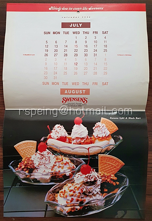ปฏิทิน สเวนเซ่นส์ 1992 Swensen's Ice Cream Lovers Calendar