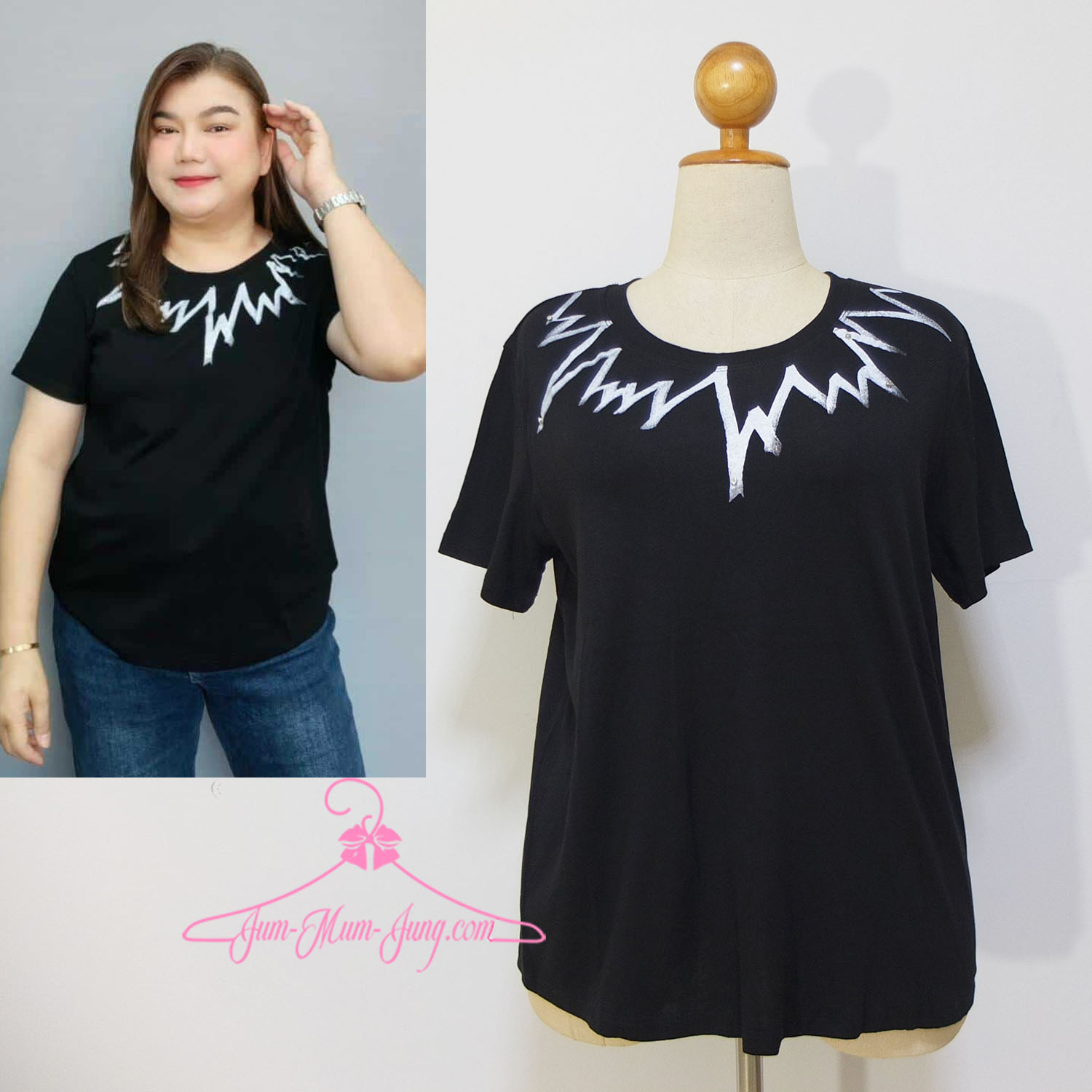 *อก48-50นิ้ว*เสื้อคนอ้วนผ้ายืดยูนิโคล่สีดำสกรีนลายสายฟ้าตอกมุกช่วงคอ เนื้อผ้ายืดได้เยอะ สวยเก๋น่ารักมากๆค่ะ