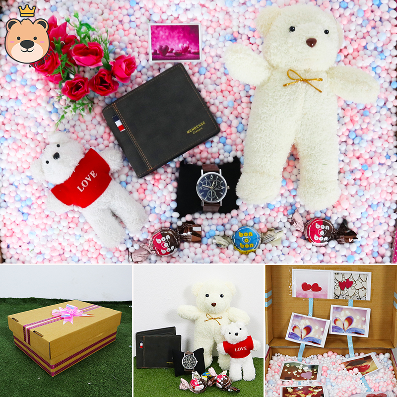 ของขวัญให้แฟนหนุ่ม ของขวัญผู้ชาย เซ็ตเซอร์ไพรส์อัดเม็ดโฟมเต็มกล่อง (กระเป๋า+นาฬิกา+หมียืนขาว+พวงกุญแจหมีขาว+ช็อคโกแลต) ****ได้ของตามแบบที่ลูกค้าเลือก