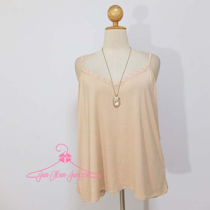 3XL*อก50นิ้วยืดถึง64นิ้ว*เสื้อสายเดี่ยวคนอ้วนผ้ายืดเรย่อนสีเนื้อแต่งลูกไม้ สายปรับรูดได้ สวยน่ารักมากๆค่ะ