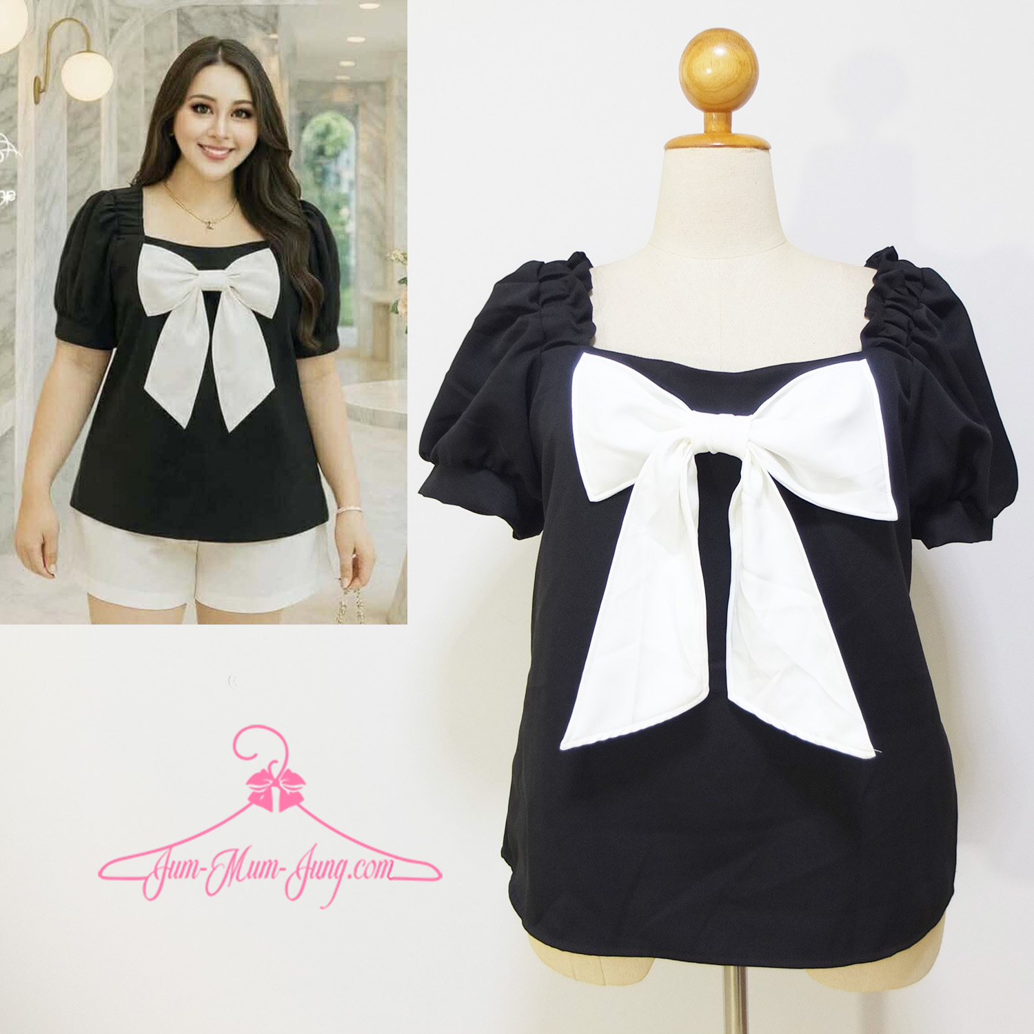 *อก50นิ้ว*เสื้อคนอ้วนผ้าบาร์บี้สีดำแต่งโบว์ใหญ่สีขาว จั้มยางยืดหัวไหล่ทั้ง2ข้าง สวยเก๋น่ารักมากๆค่ะ