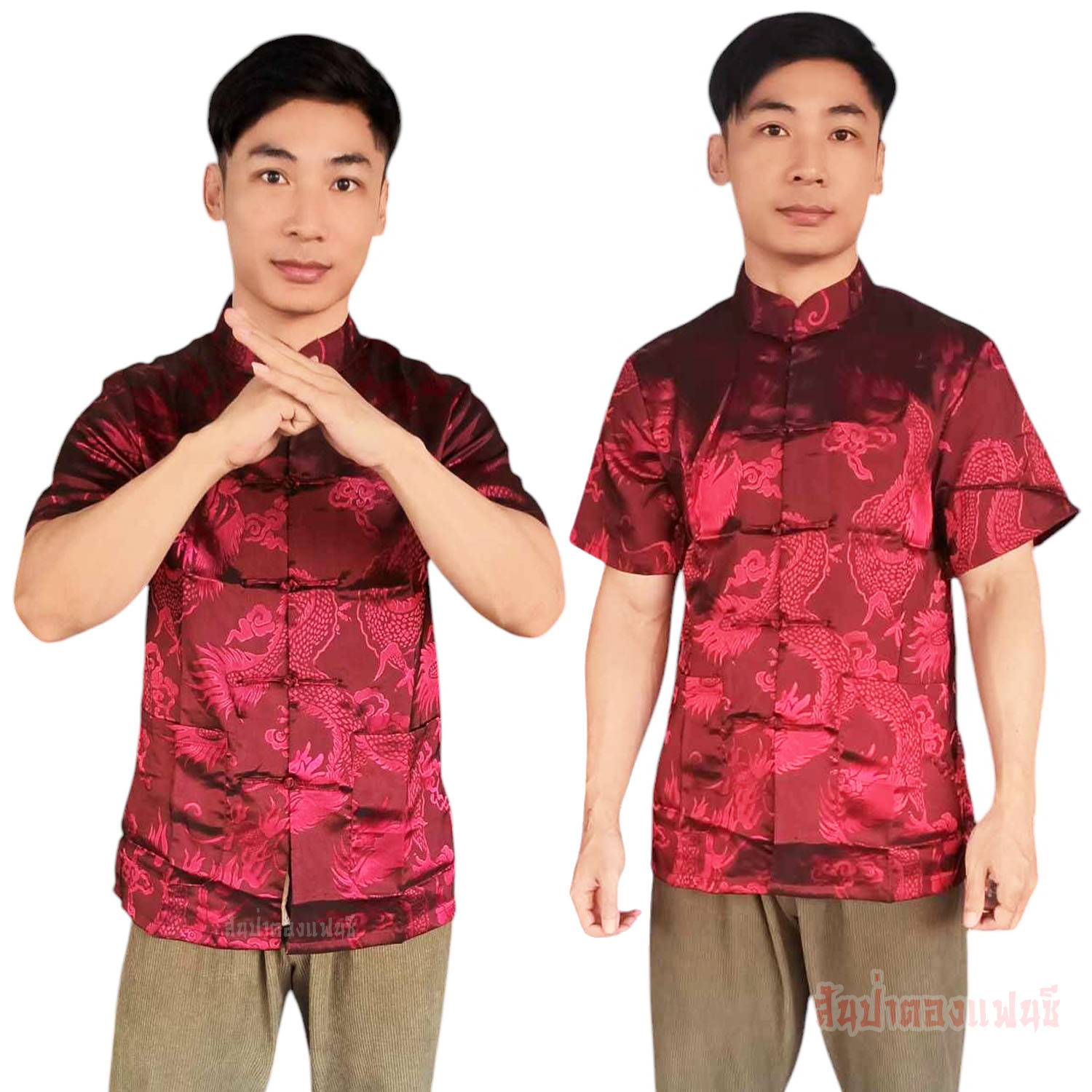 เสื้อตรุษจีนผู้ชาย เสื้อตรุษจีนผู้ใหญ่ เสื้อจีนโบราณสีแดงเข้ม