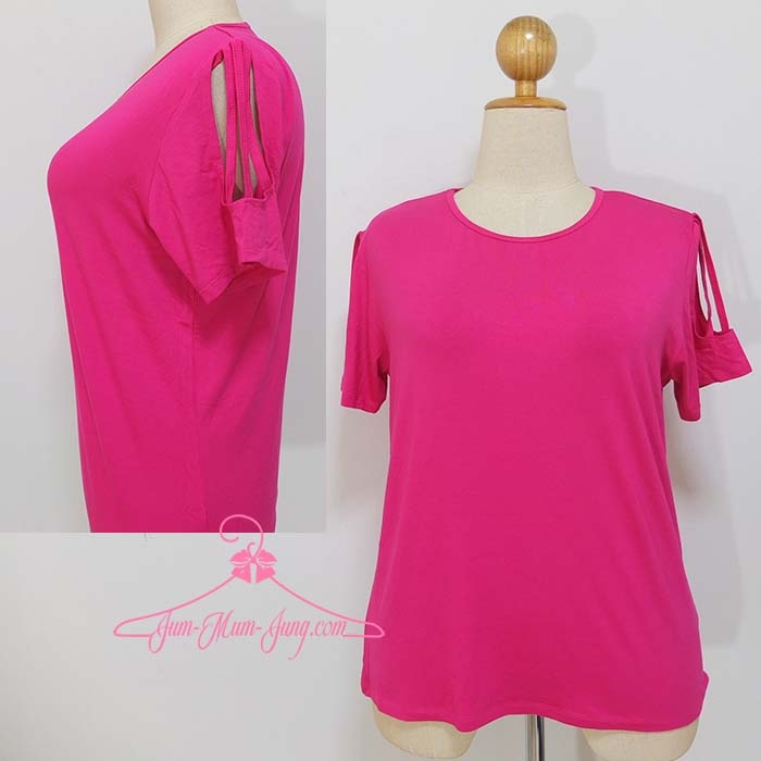*อก46นิ้ว*เสื้อคนอ้วนผ้ายืดเรย่อนเนื้อเด้งสีชมพูบานเย็นเจาะแขนแต่งสาย3เส้น สวยเซ็กซี่น่ารักมากๆค่ะ