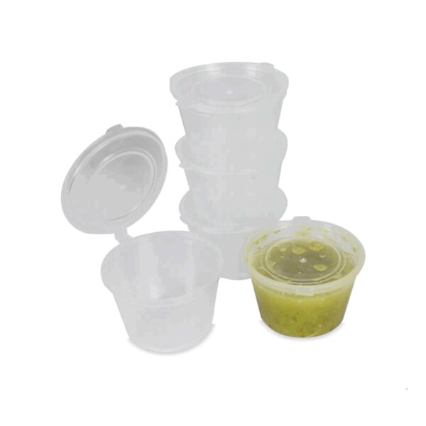 ถ้วยน้ำจิ้ม 4 ออนซ์ ฝาในตัว ขนาดฝา Ø 7 cm ,ก้น Ø 5 cm, สูง 4.7 cm