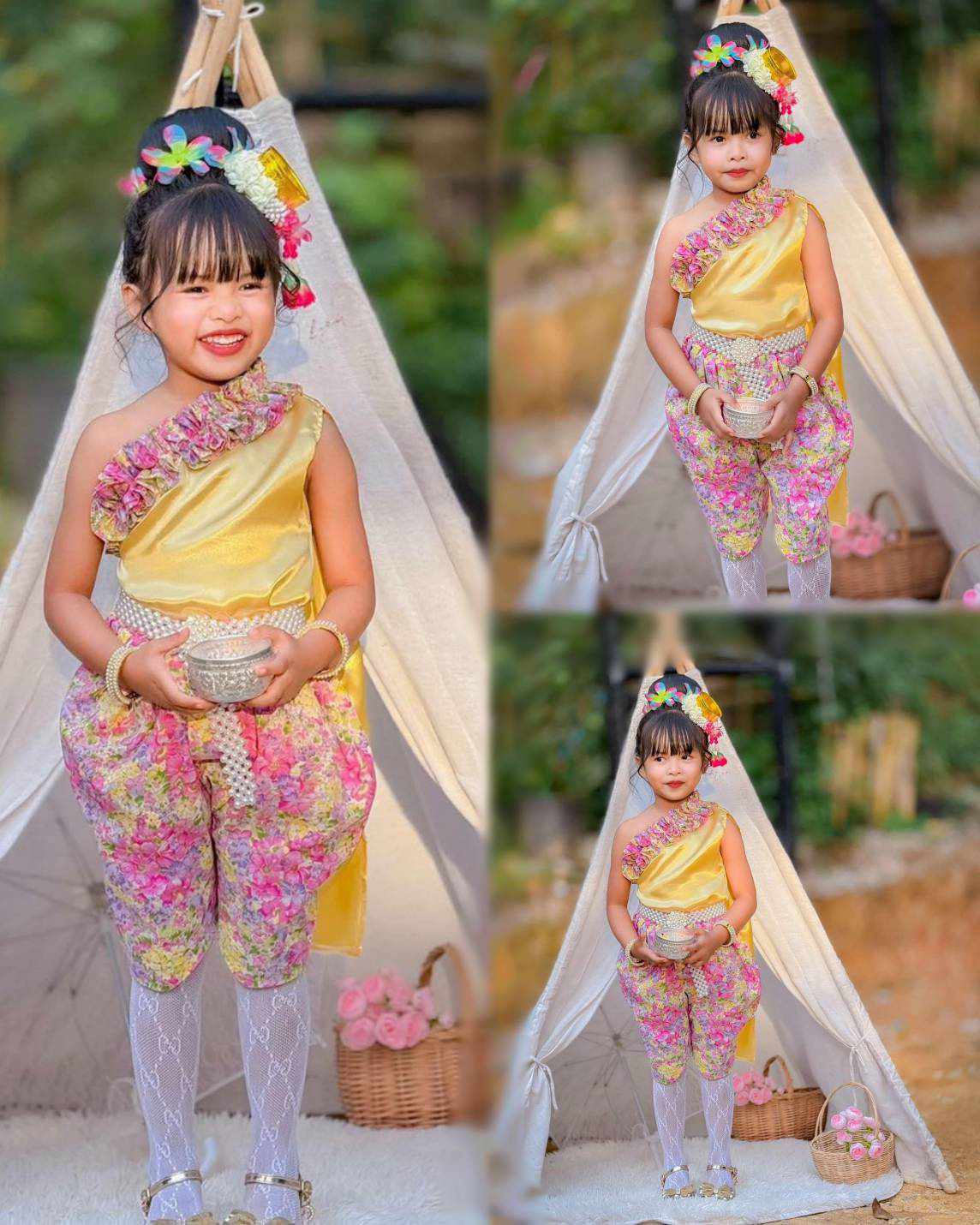 ชุดไทยเด็กลายดอกสีหวาน ชุดไทยเด็กสงกรานต์ ลอยกระทง ชุดไทยเด็กไปวัดทำบุญ