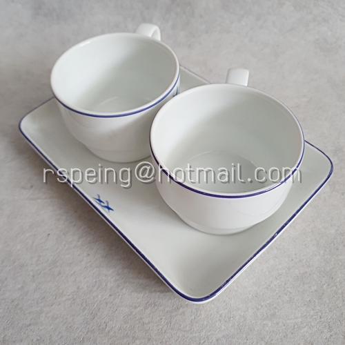 ชุดแก้วชากาแฟ และจานเสิร์ฟ Noritake ขอบและลายนกกระเรียนสีน้ำเงิน สายการบินญี่ป่น (JAL)