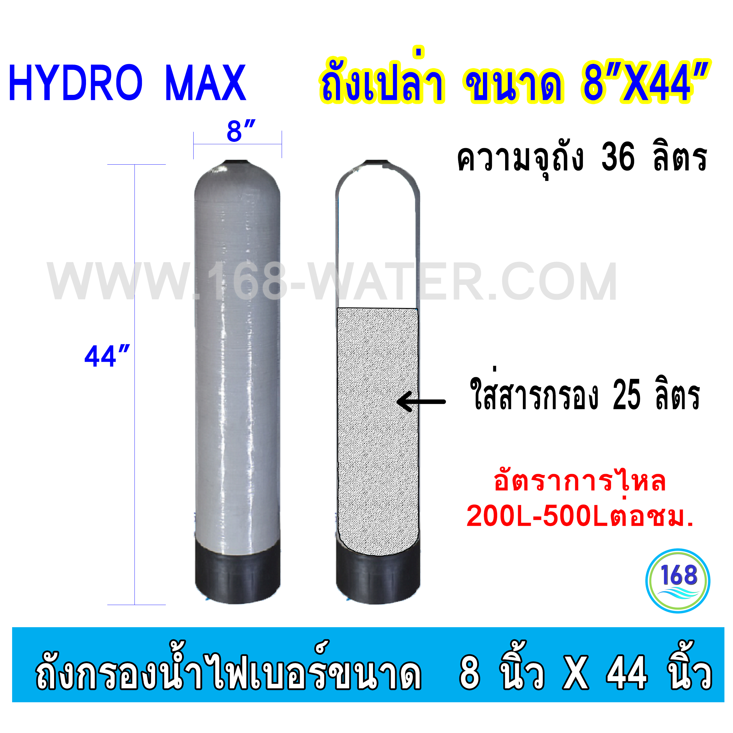 ถังกรองน้ำเปล่า Fiber FRP TANK ไม่รวมอุปกรณ์อื่น สีอัลมอนด์ 8"x44"(Hydro Max)