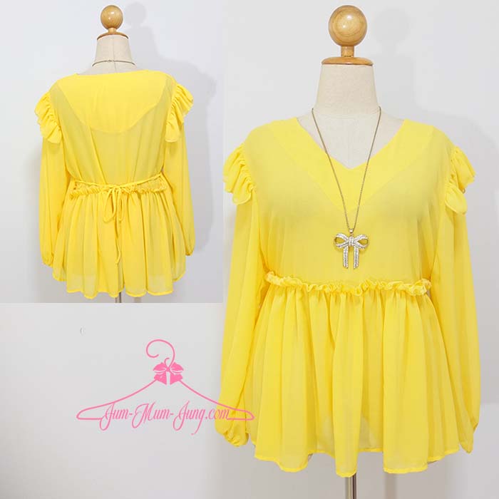 *อก50นิ้ว*เสื้อคนอ้วนคอวีแขนยาวผ้าชีฟองสีเหลืองแต่งระบายที่ไหล่ต่อระบายช่วงเอว มีสายผูกโบว์ สวยหวานน่ารักมากๆค่ะ
