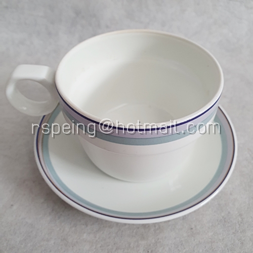 ชุดแก้วชากาแฟ และจานรองแก้ว Noritake ลายเส้นดำและแถบเทา-ฟ้า สายการบินญี่ป่น (JAL)