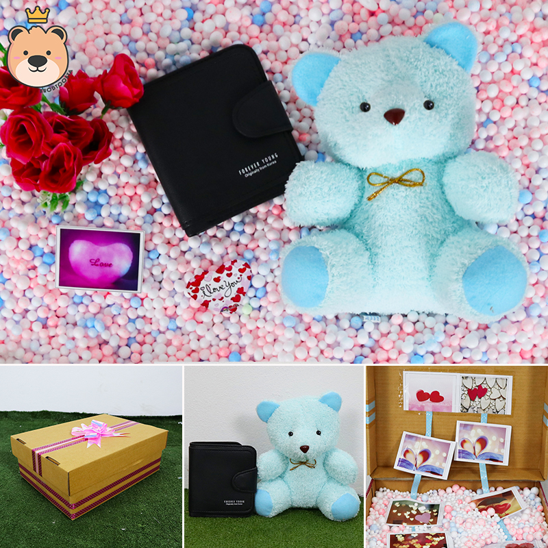 ของขวัญให้แฟนสาว ของขวัญผู้หญิง เม็ดโฟมเต็มกล่อง (กระเป๋าดำสั้น+ตุ๊กตาหมีนั่งสีฟ้า) ของขวัญเซอร์ไพรส์