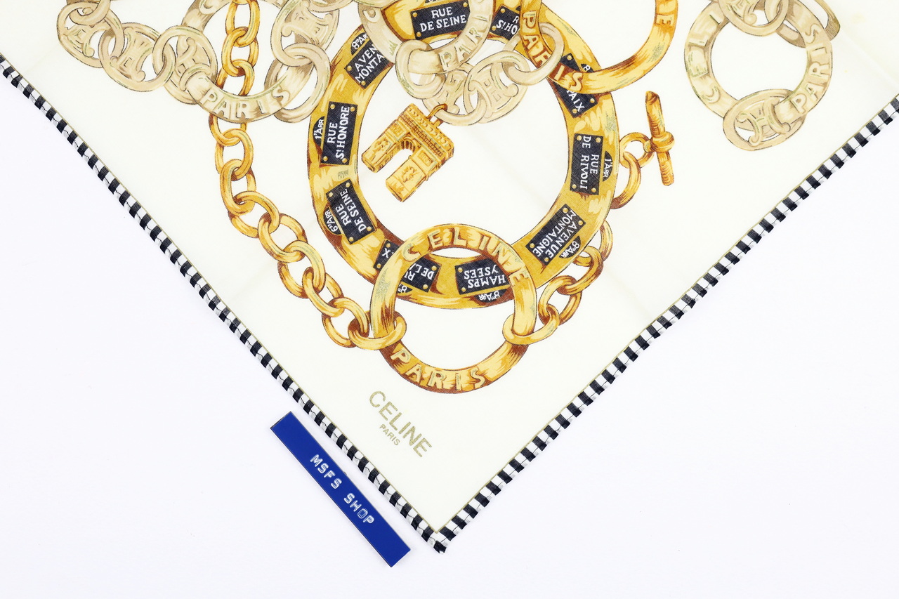 [Vintage] CELINE ผ้าเช็ดหน้าพิมพ์ลายห่วงทอง สีขาว - ผ้าเช็ดหน้า Vintage